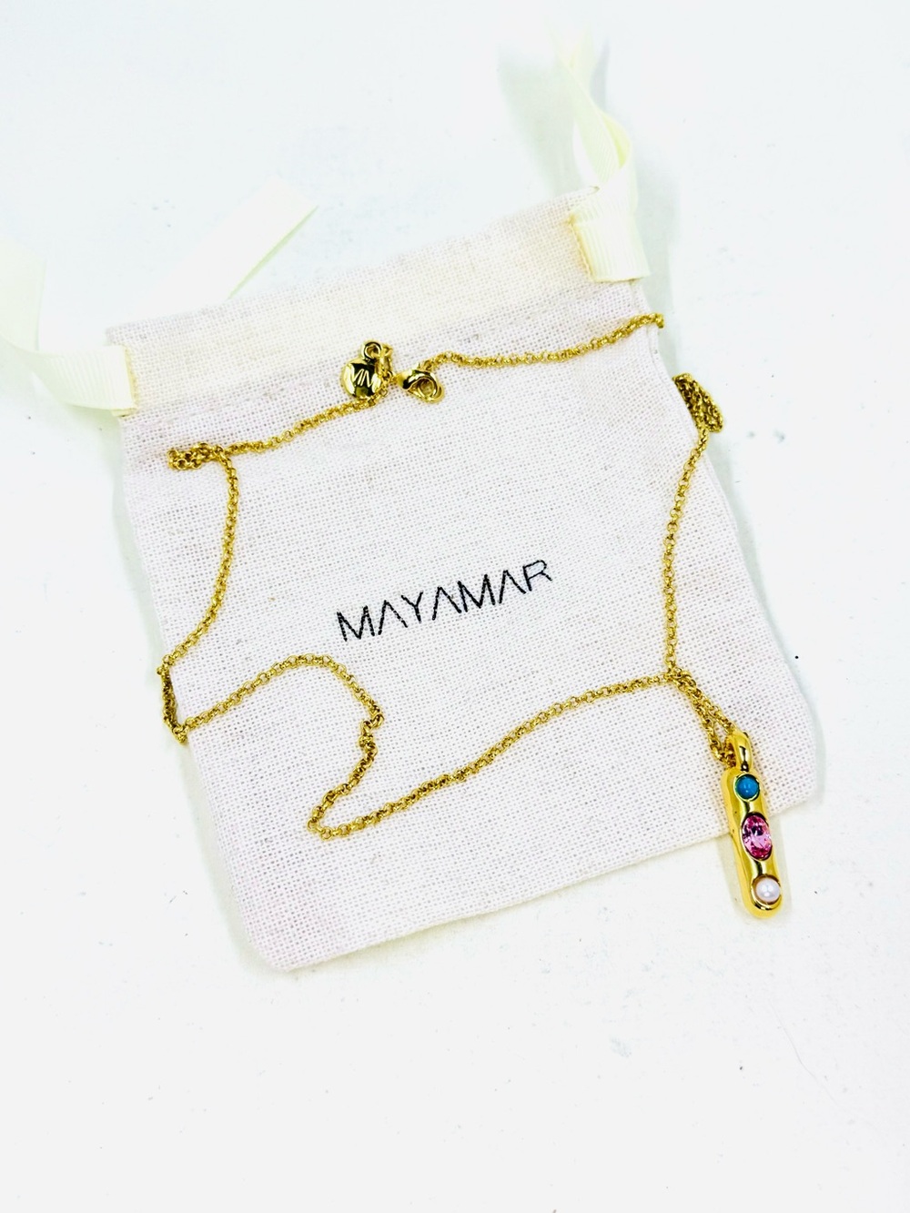 Mayamar 24k Gold-Plated Bar Pendant Blue Pink White Stones & 20” Chain Necklace